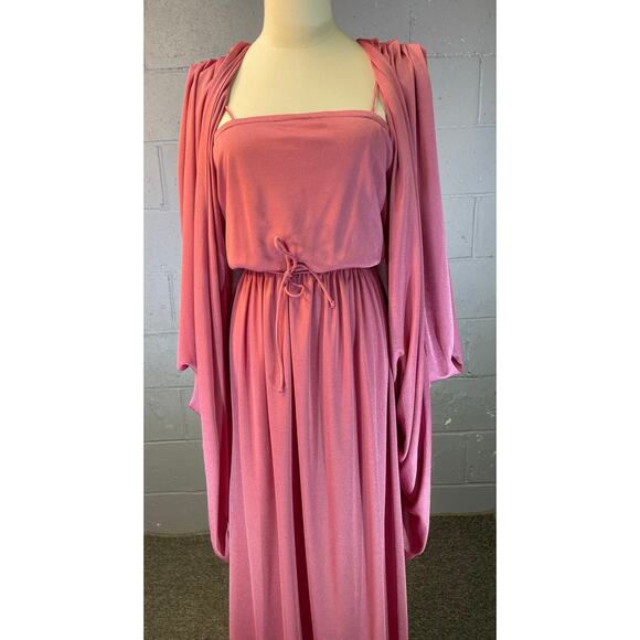 Vtg 70s Dusty Rose Pink Dress Duster 2 Piece Set Prairie Dress Prom Formal SM MD - Picture 7 of 10